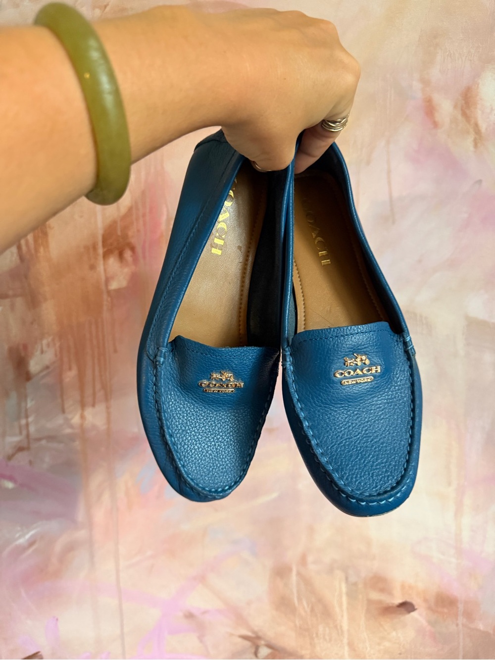 Coach Teal Blue Leather Penny Loafers with Gold Logo